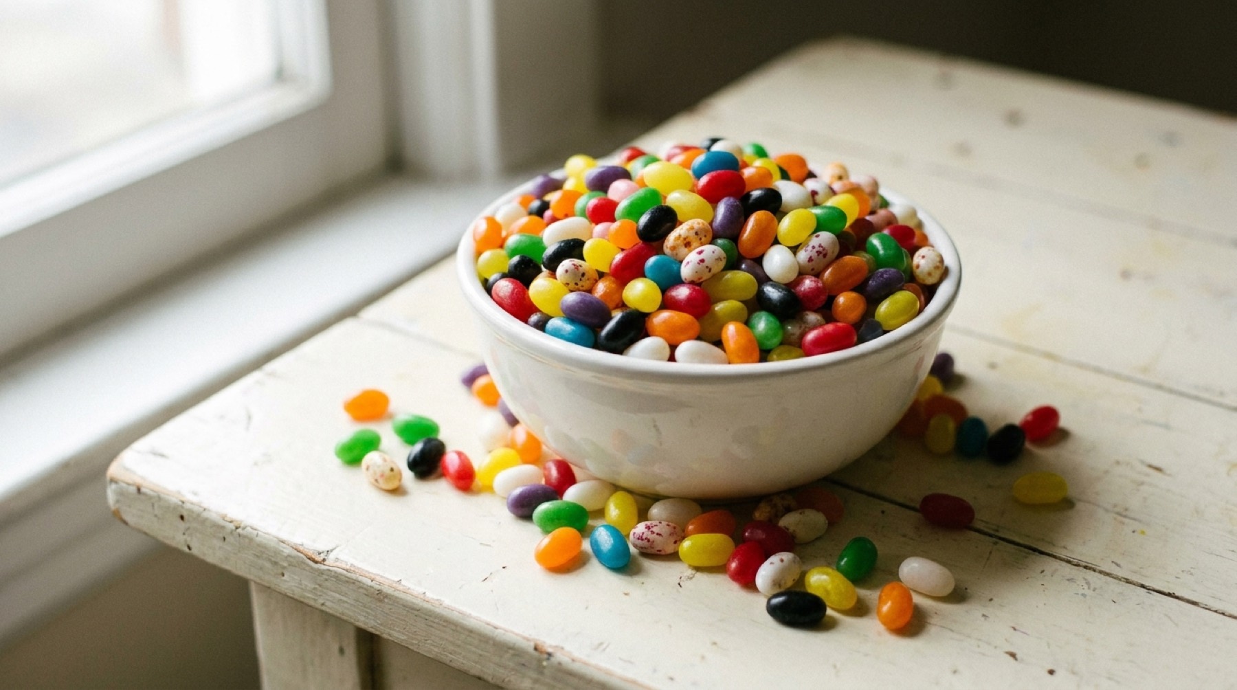 A big white bowl heaped with jelly beans of every colour, with more spilled across the table