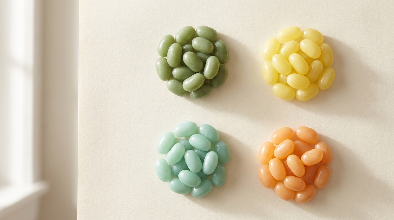 Pastel jelly beans sorted into four tidy groups on a pale surface, the way we sort a business's paperwork into categories